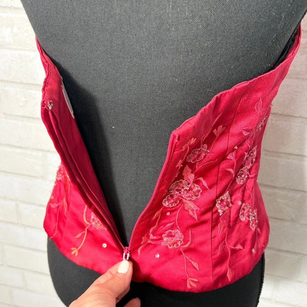 Womens Red Satin Halter Corset Top Small Embroidered Beaded Y2K Coquette Party